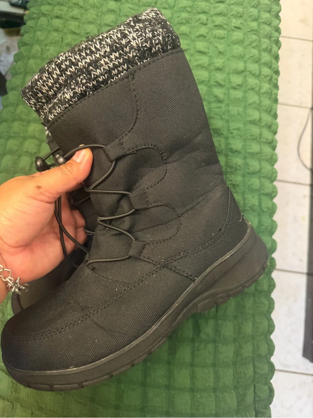 Women's Black Winter Lace-Up Knit-Cuff Snow Boots